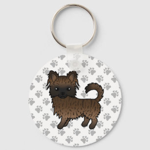 Brindle Long Coat Chihuahua Cartoon Dog & Paws Key Ring