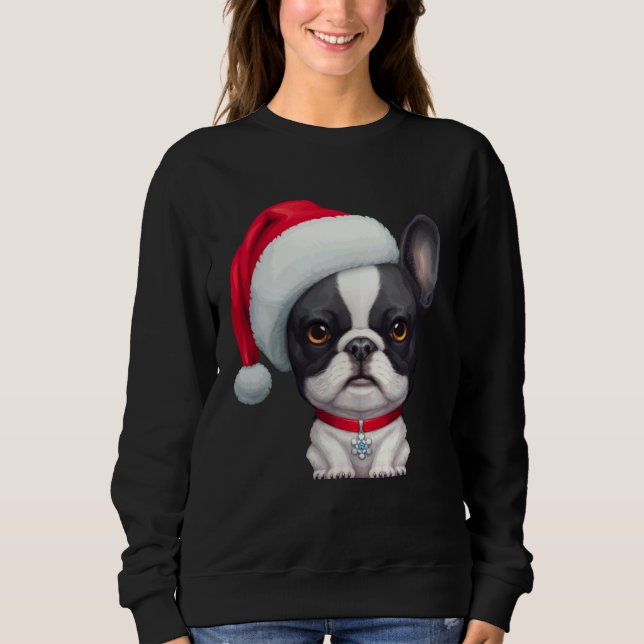 Brindle Pied French Bulldog in Santa Hat Christmas Sweatshirt (Front)