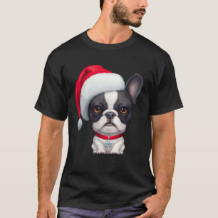 Brindle Pied French Bulldog in Santa Hat Christmas T-Shirt