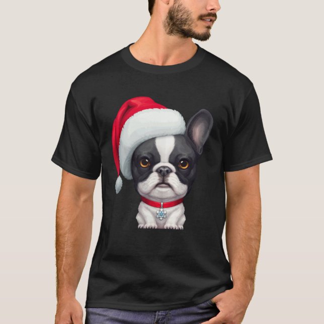 Brindle Pied French Bulldog in Santa Hat Christmas T-Shirt (Front)