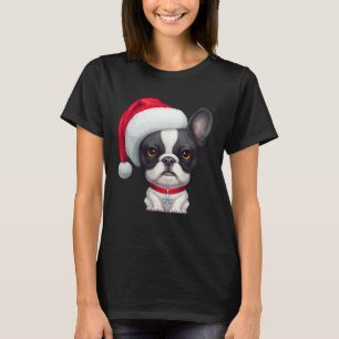 Brindle Pied French Bulldog in Santa Hat Christmas T-Shirt