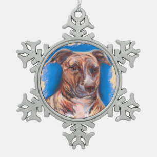 Brindle Pit Bull Dog Snowflake Pewter Christmas Ornament