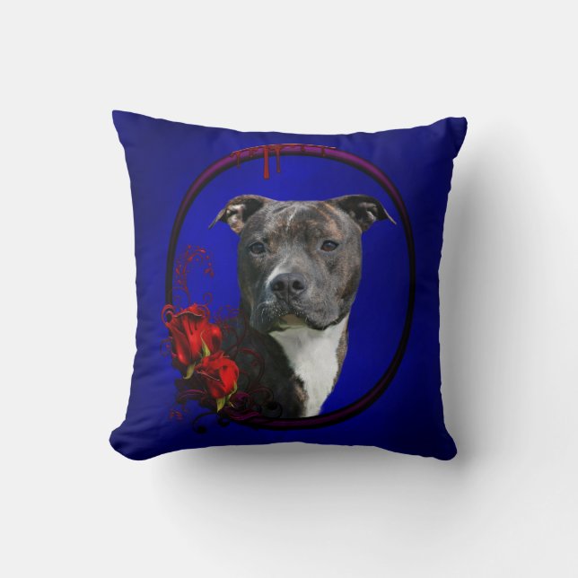Brindle pitbull with roses cushion (Front)