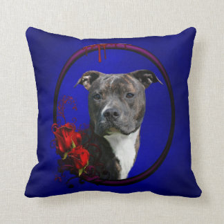 Brindle pitbull with roses cushion