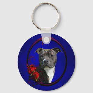 Brindle pitbull with roses key ring