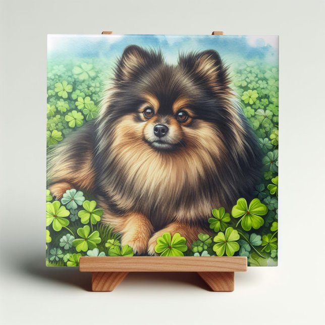 Brindle Pomeranian Watercolor Clover Shamrock Ceramic Tile (Creator Uploaded)