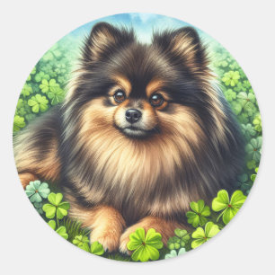 Brindle Pomeranian Watercolor Clover Shamrock Classic Round Sticker