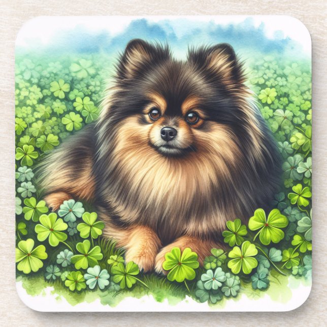 Brindle Pomeranian Watercolor Clover Shamrock Coaster (Front)