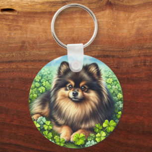 Brindle Pomeranian Watercolor Clover Shamrock Key Ring