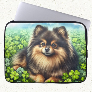 Brindle Pomeranian Watercolor Clover Shamrock Laptop Sleeve