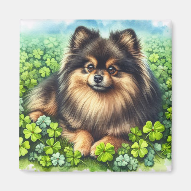 Brindle Pomeranian Watercolor Clover Shamrock Magnet (Front)