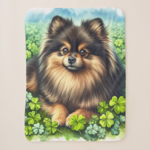 Brindle Pomeranian Watercolor Clover Shamrock Sherpa Blanket