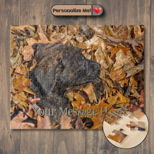 Brindle Puppy in Pile of Leaves Jigsaw Puzzle