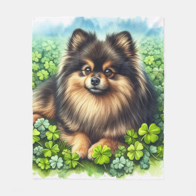 Brindle Sable Pomeranian Green Shamrock Field Fleece Blanket (Front)