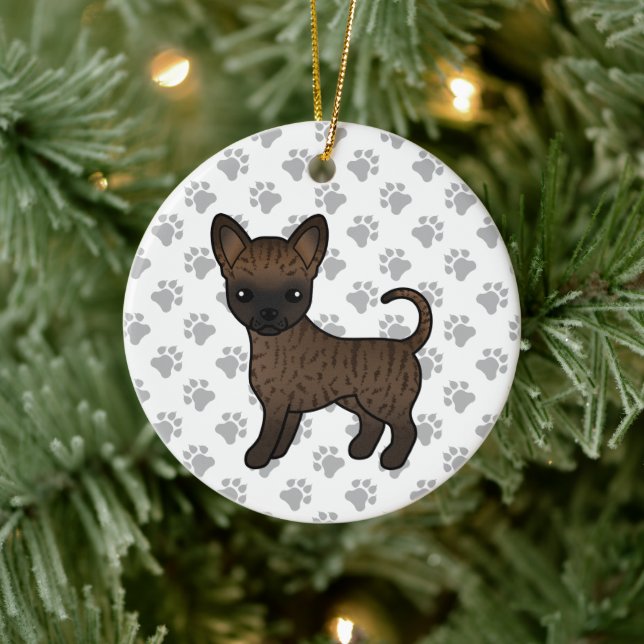 Brindle Smooth Coat Chihuahua Cartoon Dog & Paws Ceramic Ornament (Tree)