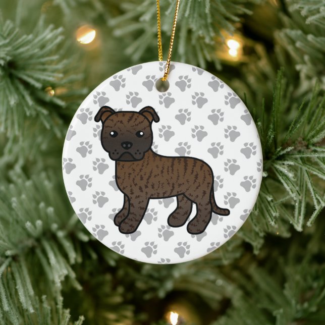 Brindle Staffordshire Bull Terrier Cartoon Dog Ceramic Ornament (Tree)