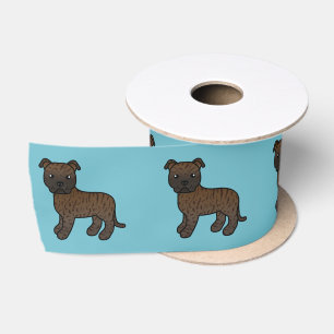 Brindle Staffordshire Bull Terrier Dog On Blue Satin Ribbon