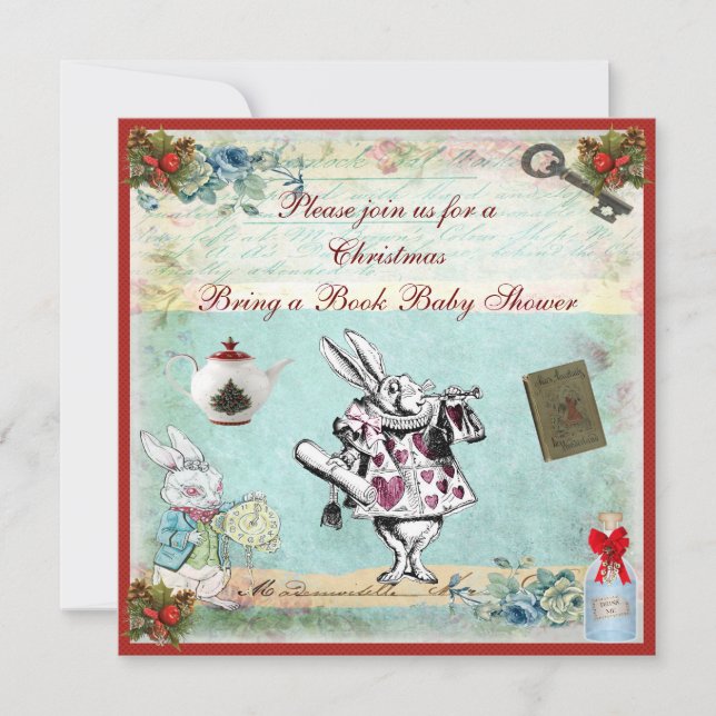 Bring a Book Alice in Wonderland Xmas Baby Shower Invitation (Front)