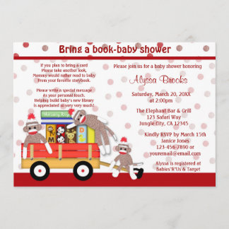 Bring a book baby shower invitation sock monkey