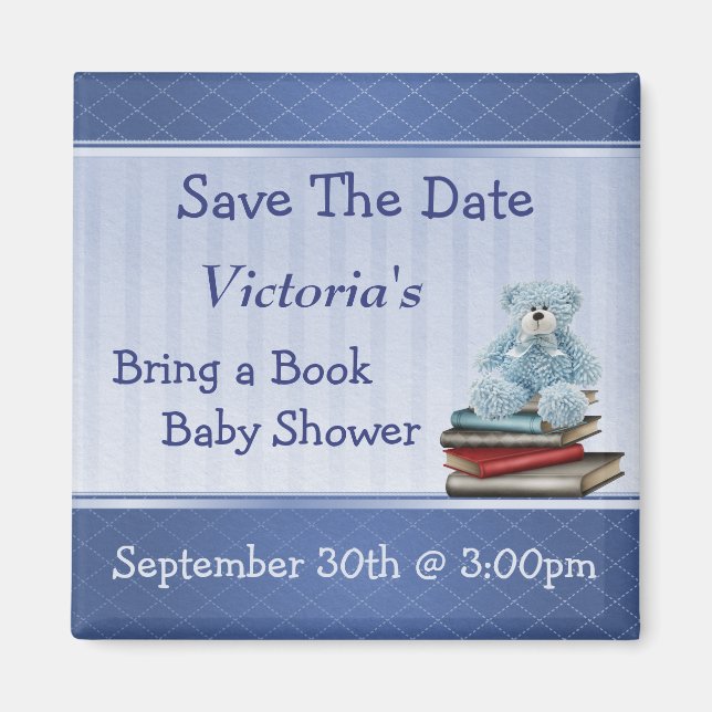 Bring a Book Blue Teddy Baby Shower Save the Date Magnet (Front)