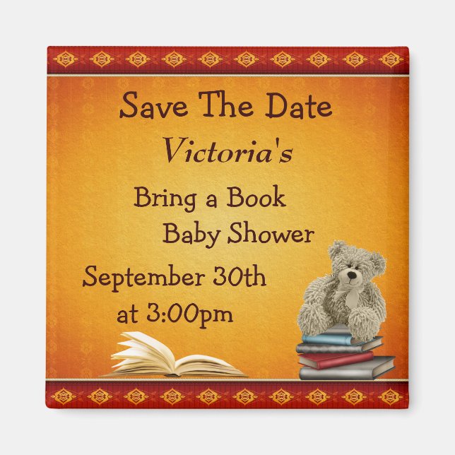 Bring a Book Teddy Baby Shower Save the Date Magnet (Front)