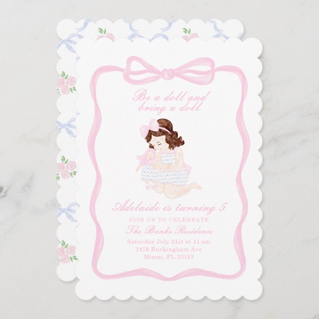 Bring a Doll Birthday Preppy Grandmillennial Invitation (Front/Back)