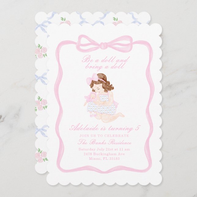 Bring a Doll Birthday Preppy Grandmillennial Invitation (Front/Back)