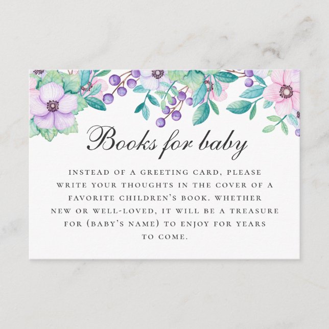 Bring book for baby request. Purple pink floral Enclosure Card (Front)