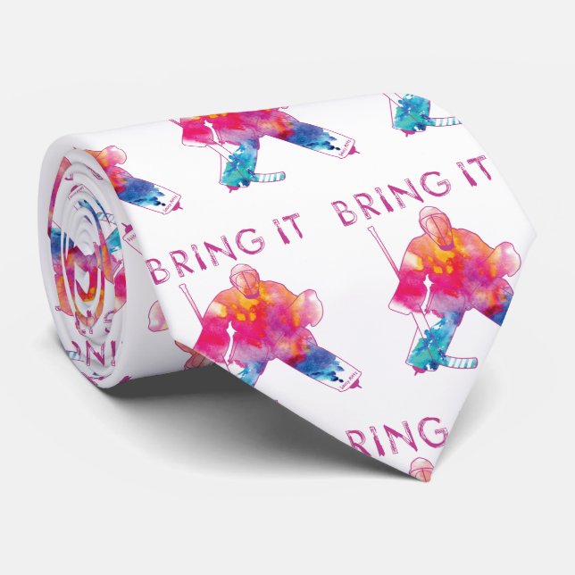 Bring It Hockey Goalie Watercolor Pink Neck Tie (Rolled)