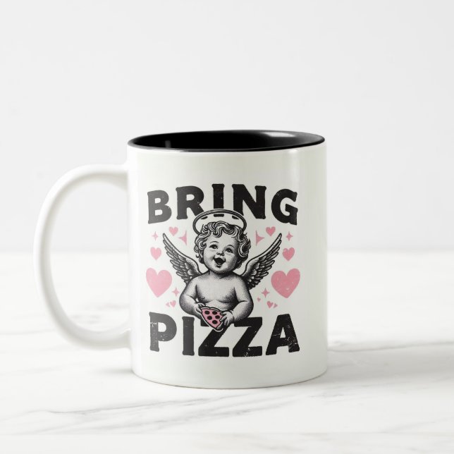 Bring Pizza Valentine's funny pizza slice cupid Two-Tone Coffee Mug (Left)