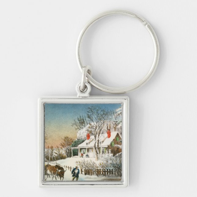 Bringing Home the Logs, Winter Landscape Key Ring (Front)