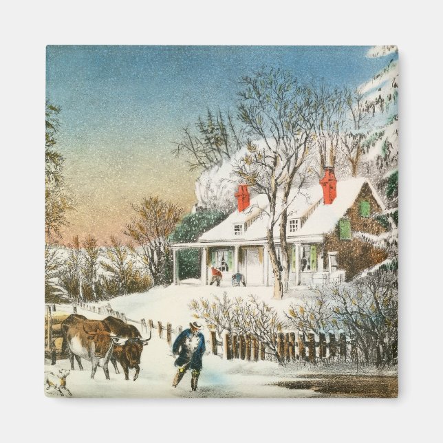 Bringing Home the Logs, Winter Landscape Magnet (Front)
