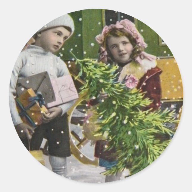 Bringing Home the Tree Classic Round Sticker (Front)