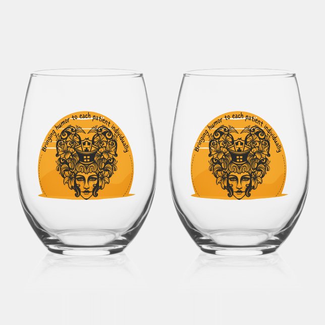 Bringing humour to each patient individually stemless wine glass (Front)