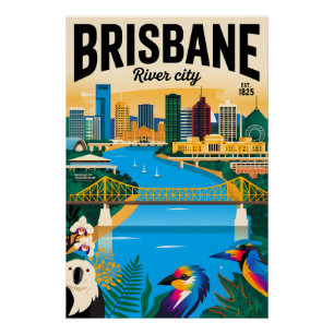 Brisbane Australia Retro Travel Poster Art