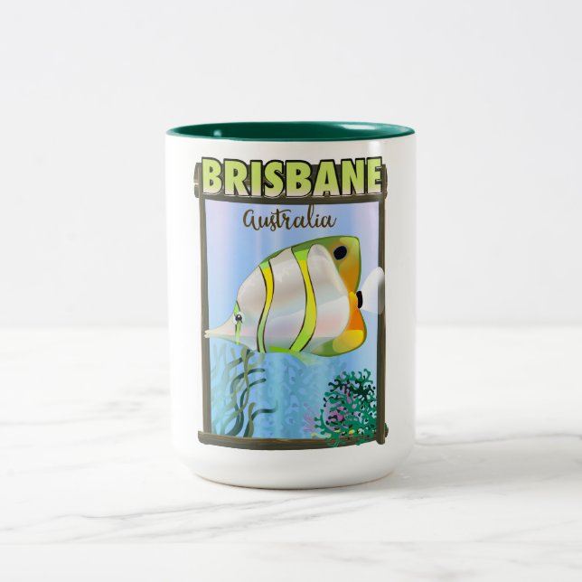 Brisbane Australia Tropical travel poster Two-Tone Coffee Mug (Center)