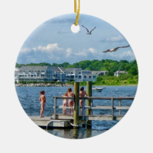 Bristol RI - Little Girls Watching Seagulls Ceramic Ornament