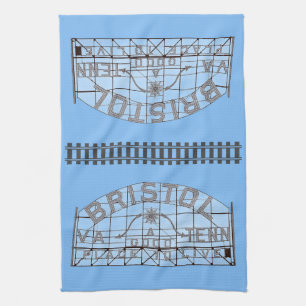 Bristol Slogan Sign with Tracks on Blue Tea Towel