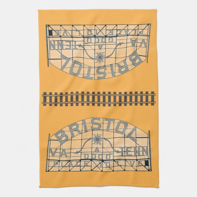 Bristol Slogan Sign with Tracks on Orange Tea Towel (Vertical)