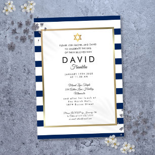 Brit Milah Navy Blue White Stripe Gold Invitation