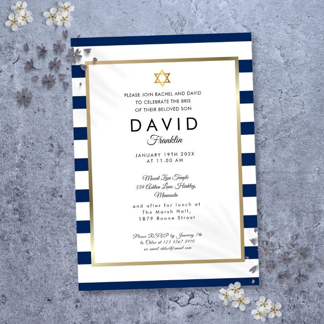 Brit Milah Navy Blue White Stripe Gold Invitation (Brit Milah Navy Blue White Stripe Gold Invitation)