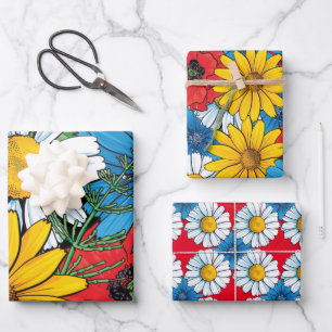 Brite Floral Wrapping Paper Flat Sheet Set of 3