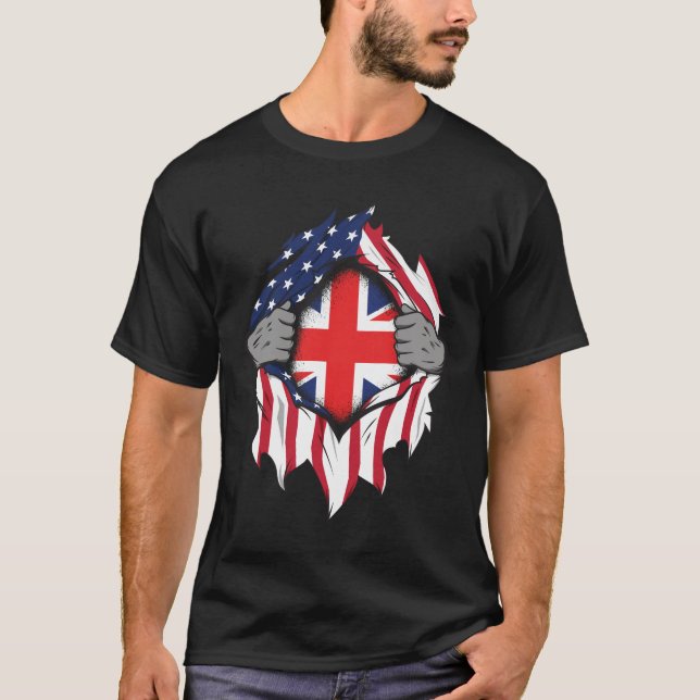British American Flags Hands Ripping Flag on Chest T-Shirt (Front)