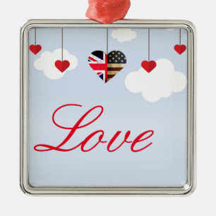 British American Love Hearts in clouds Metal Ornament
