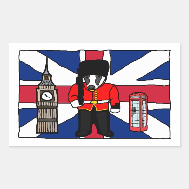 British Badger Cartoon with Big Ben and Flag Rectangular Sticker (Front)