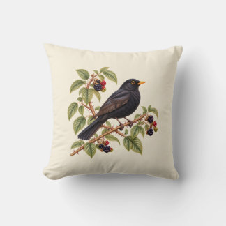 British Blackbird on Blackberry Branch Botanical Cushion