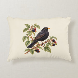 British Blackbird on Blackberry Branch Botanical Decorative Cushion