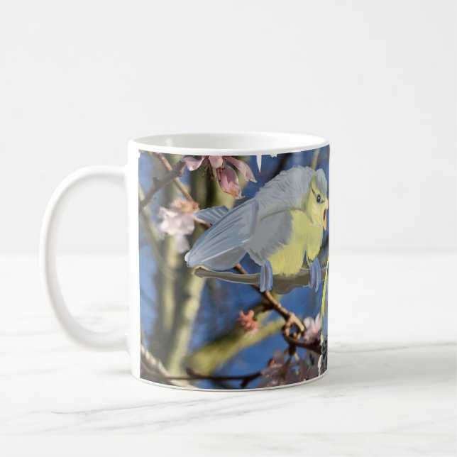 British Blue Chickadee Family against Pink Blossom Coffee Mug (Left)