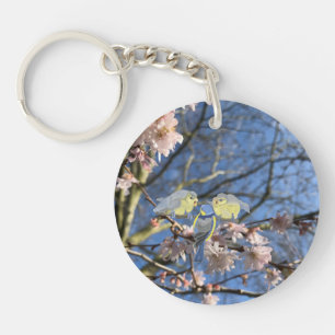 British Blue Chickadee Family against Pink Blossom Key Ring