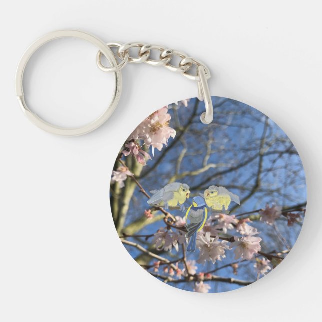 British Blue Chickadee Family against Pink Blossom Key Ring (Front)